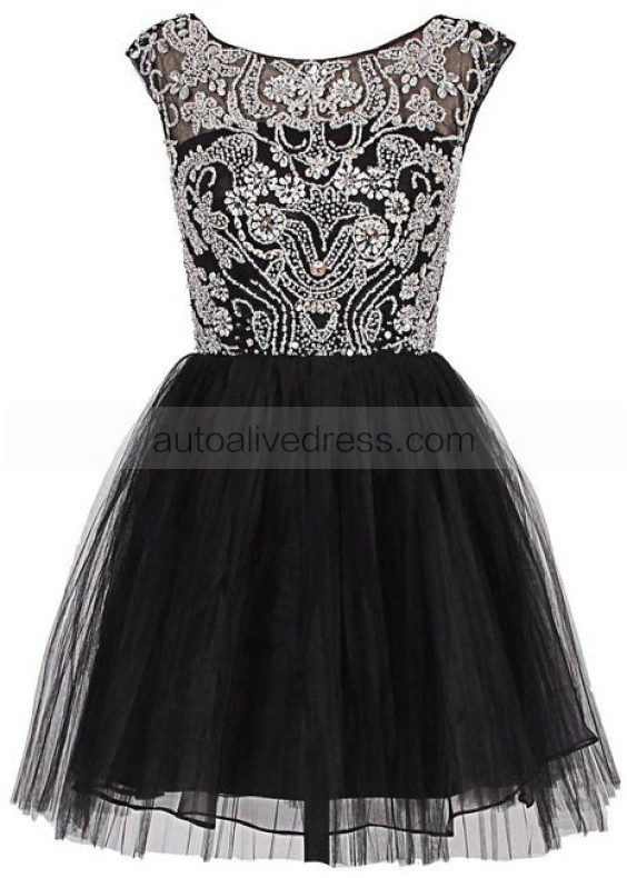 Black Tulle Beads V Back Short Prom Dress 